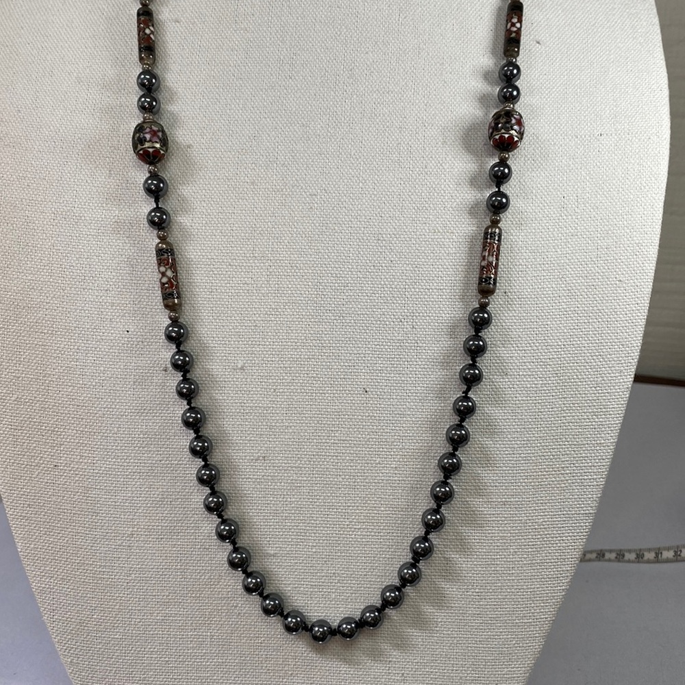 Beautiful shiny hand knotted hematite and cloisonné necklace
